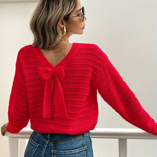 Roselle | Women's V Neck Bow Detail Knit Sweater