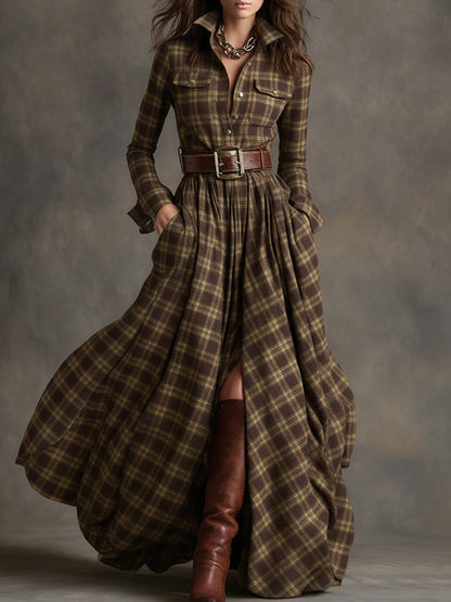 Retro plaid lapel-collar belted maxi dress for women | Marzena -3