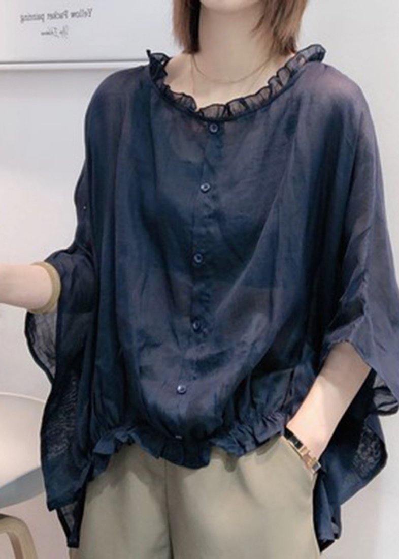 Art Navy Ruffle Trim Half Sleeve Blouse for Women | Mireya