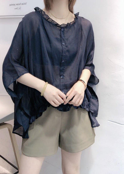 Art Navy Ruffle Trim Half Sleeve Blouse for Women | Mireya
