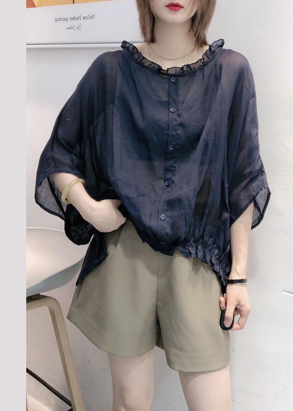 Art Navy Ruffle Trim Half Sleeve Blouse for Women | Mireya
