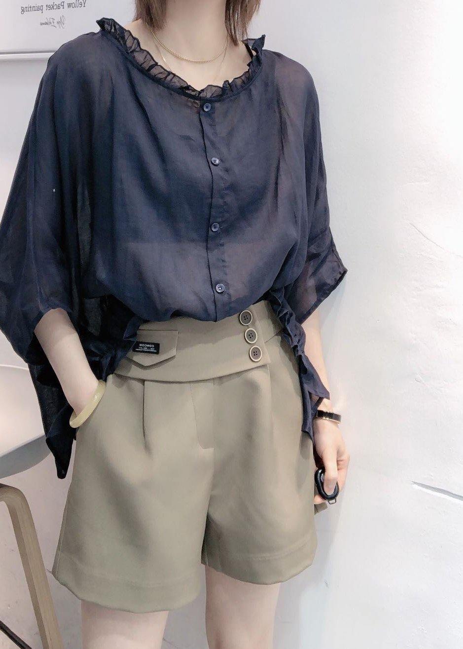 Art Navy Ruffle Trim Half Sleeve Blouse for Women | Mireya