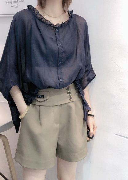 Art Navy Ruffle Trim Half Sleeve Blouse for Women | Mireya