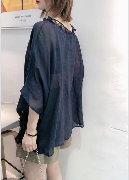 Art Navy Ruffle Trim Half Sleeve Blouse for Women | Mireya