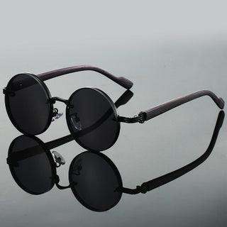Round metal wood-textured temple sunglasses for women | Aurora -5