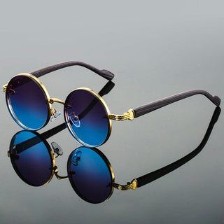 Round metal wood-textured temple sunglasses for women | Aurora -2