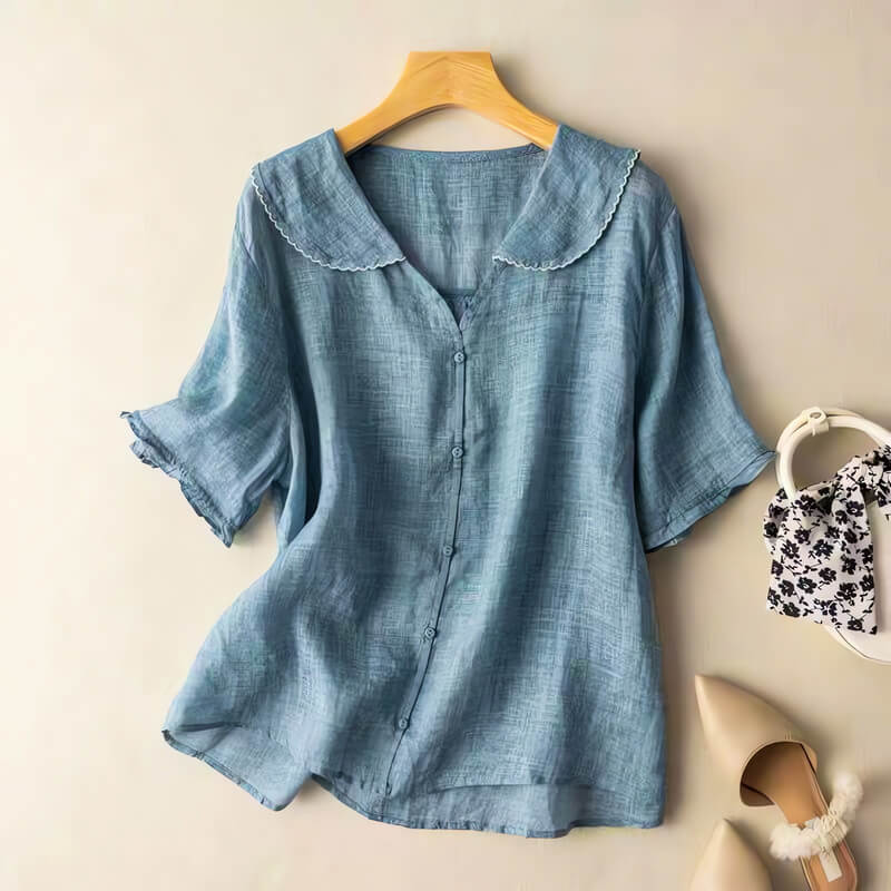 Scalloped-collar cotton-linen everyday blouse for women | Clara -2