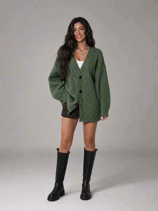 Elvara | Women's Chunky Knit V Neck Cardigan with Pockets