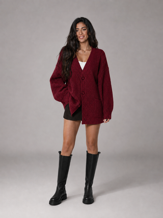 Elvara | Women's Chunky Knit V Neck Cardigan with Pockets