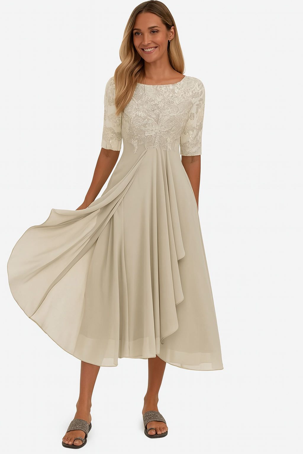 Elegant A-line midi dress with lace detail for Women | Vera Élan