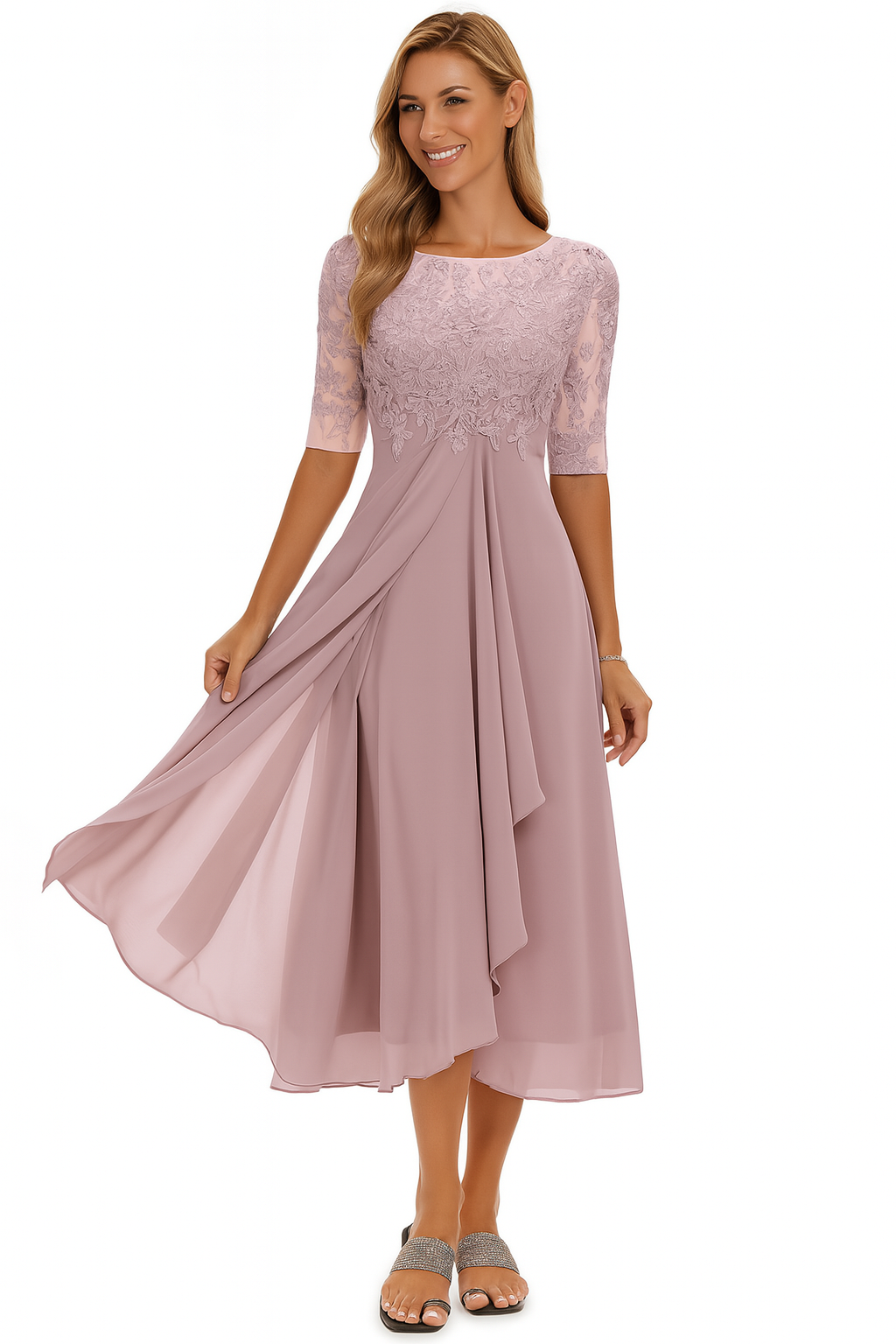 Elegant A-line midi dress with lace detail for Women | Vera Élan