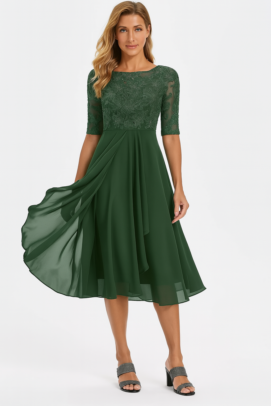 Elegant A-line midi dress with lace detail for Women | Vera Élan