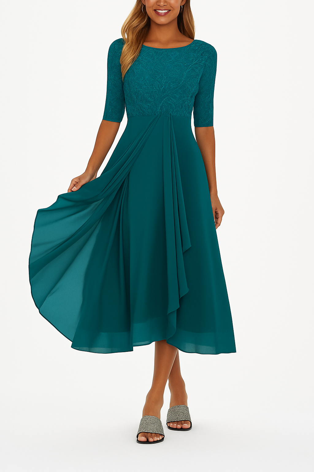 Elegant A-line midi dress with lace detail for Women | Vera Élan