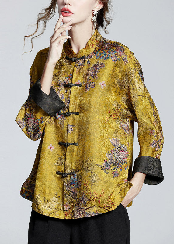 Stand-collar printed long-sleeve elegant coat for women | Mei Lin -1