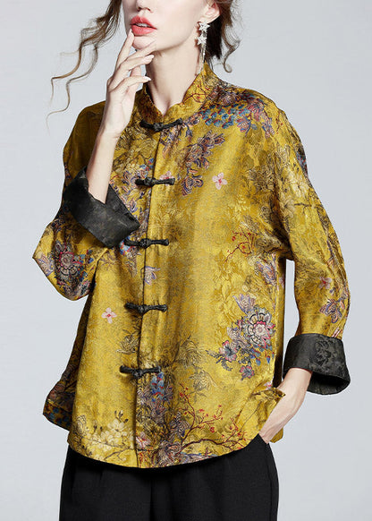 Stand-collar printed long-sleeve elegant coat for women | Mei Lin -1