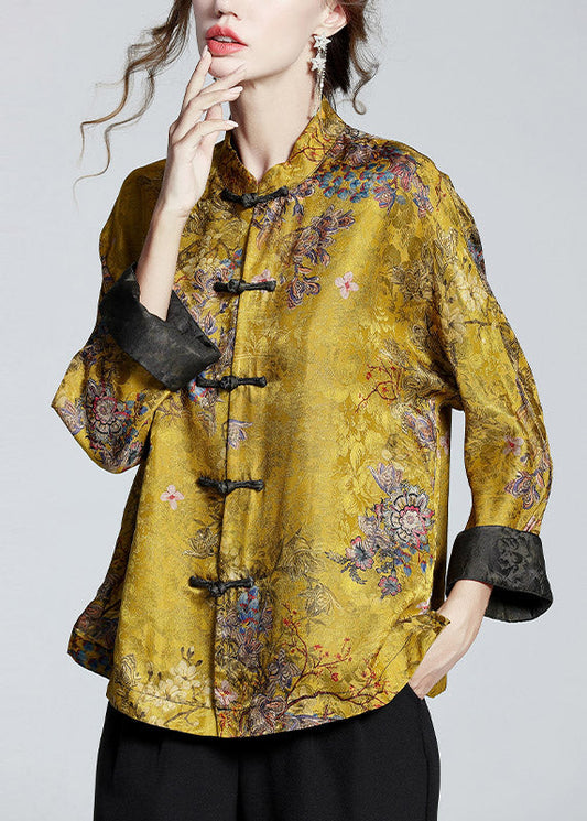 Stand-collar printed long-sleeve elegant coat for women | Mei Lin -1