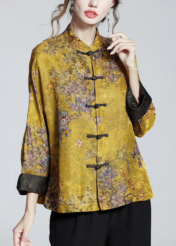 Stand-collar printed long-sleeve elegant coat for women | Mei Lin -2