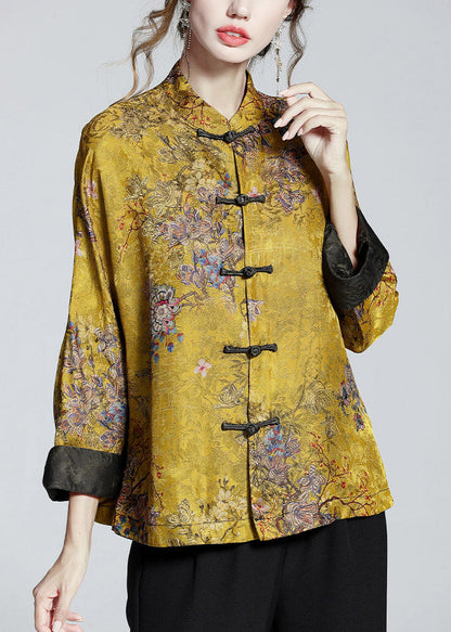 Stand-collar printed long-sleeve elegant coat for women | Mei Lin -2