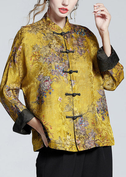 Stand-collar printed long-sleeve elegant coat for women | Mei Lin -3