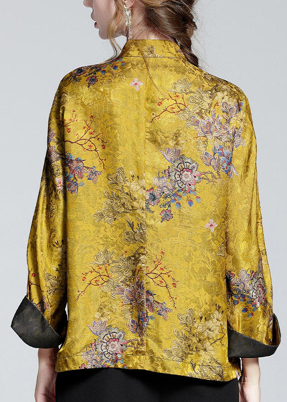 Stand-collar printed long-sleeve elegant coat for women | Mei Lin -5