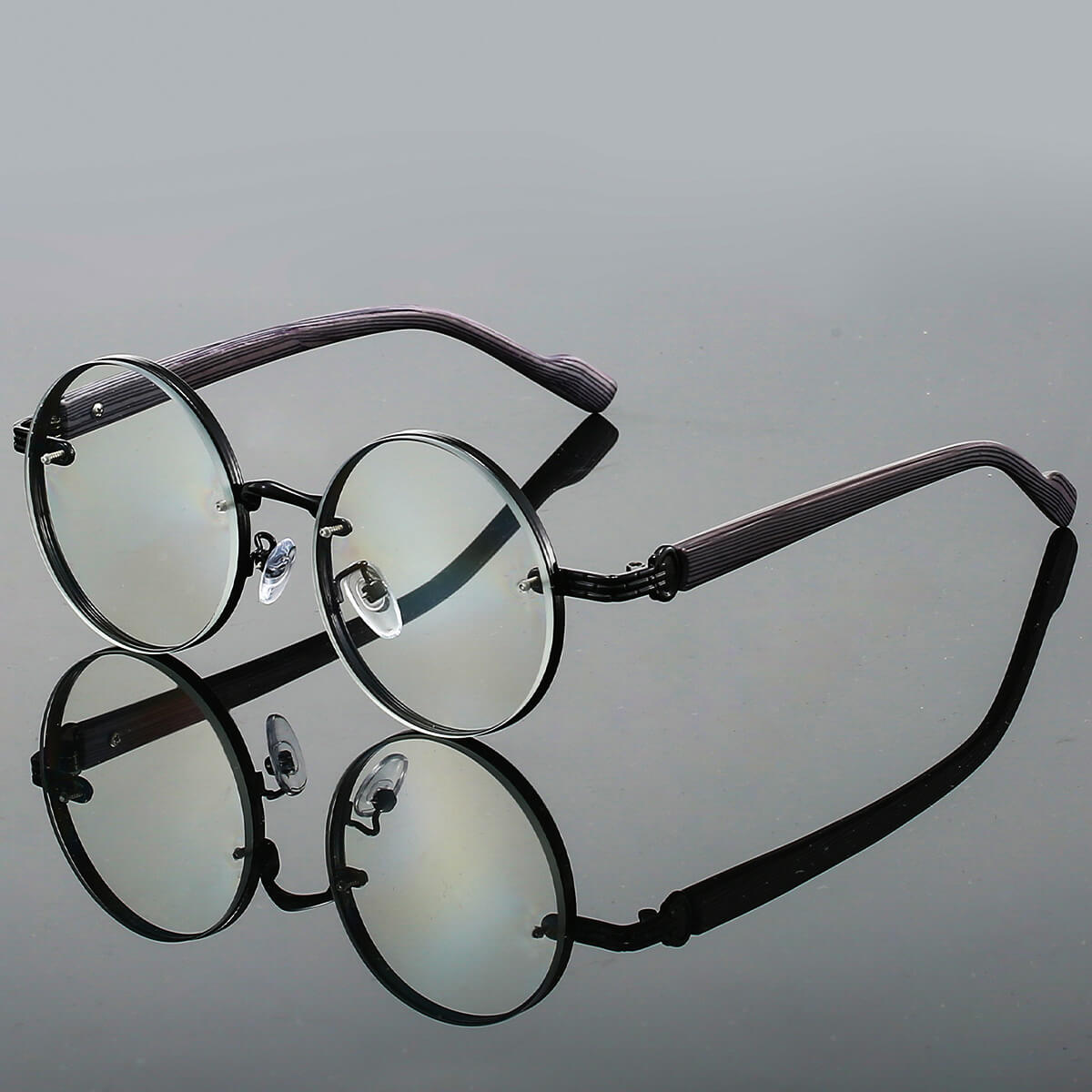 Round metal wood-textured temple sunglasses for women | Aurora -6