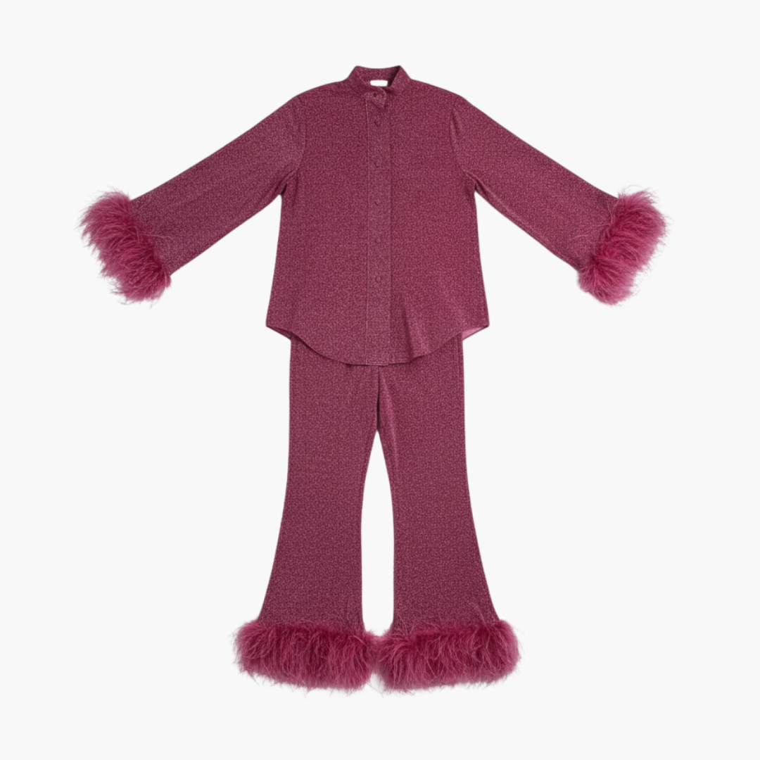 Feather-trim button-front two-piece occasion set for women | Mirelda -1
