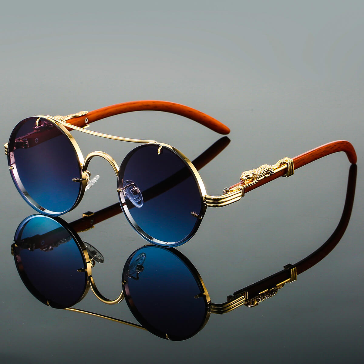 Retro round panther-detail tinted sunglasses for women | Panthera -1