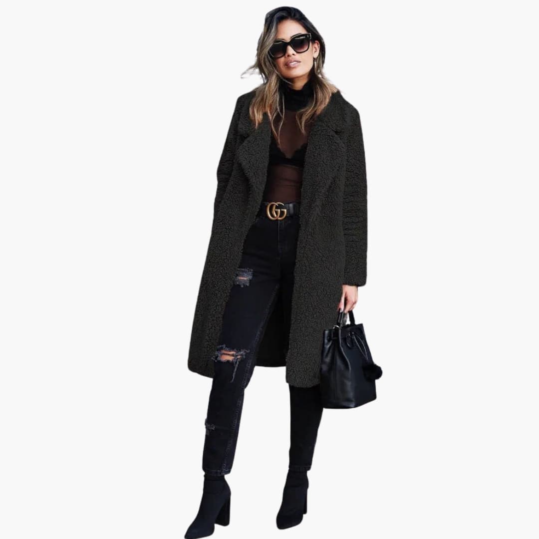 Long teddy coat with wide notched collar for women | Calorelle -7