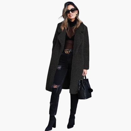 Long teddy coat with wide notched collar for women | Calorelle -7