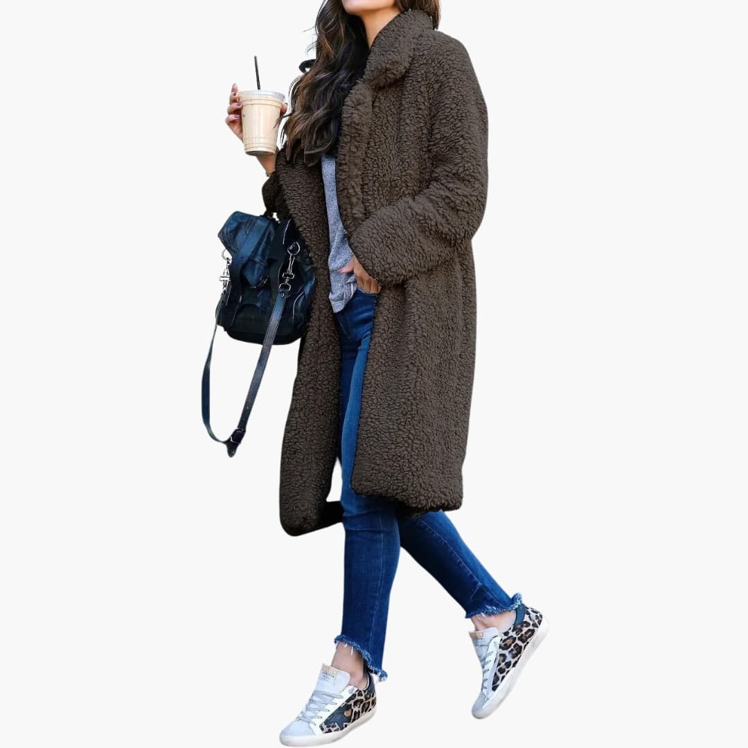 Long teddy coat with wide notched collar for women | Calorelle -6