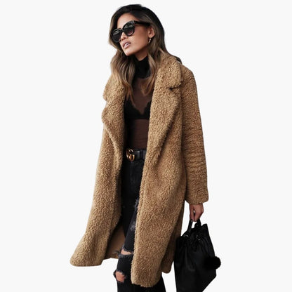 Long teddy coat with wide notched collar for women | Calorelle -5
