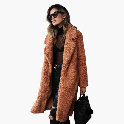 Long teddy coat with wide notched collar for women | Calorelle -4