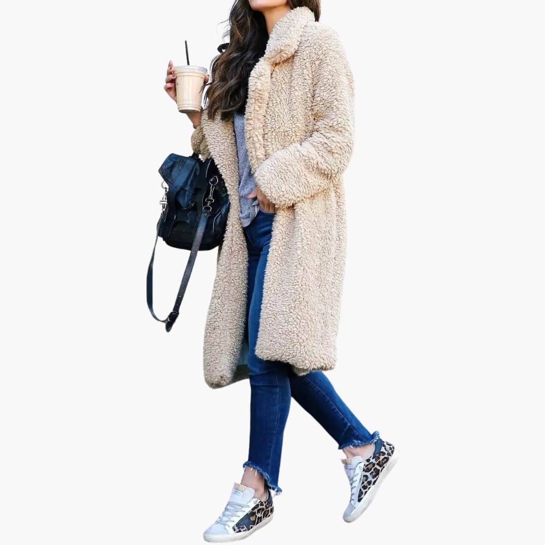 Long teddy coat with wide notched collar for women | Calorelle -2