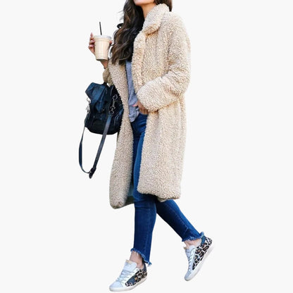Long teddy coat with wide notched collar for women | Calorelle -2
