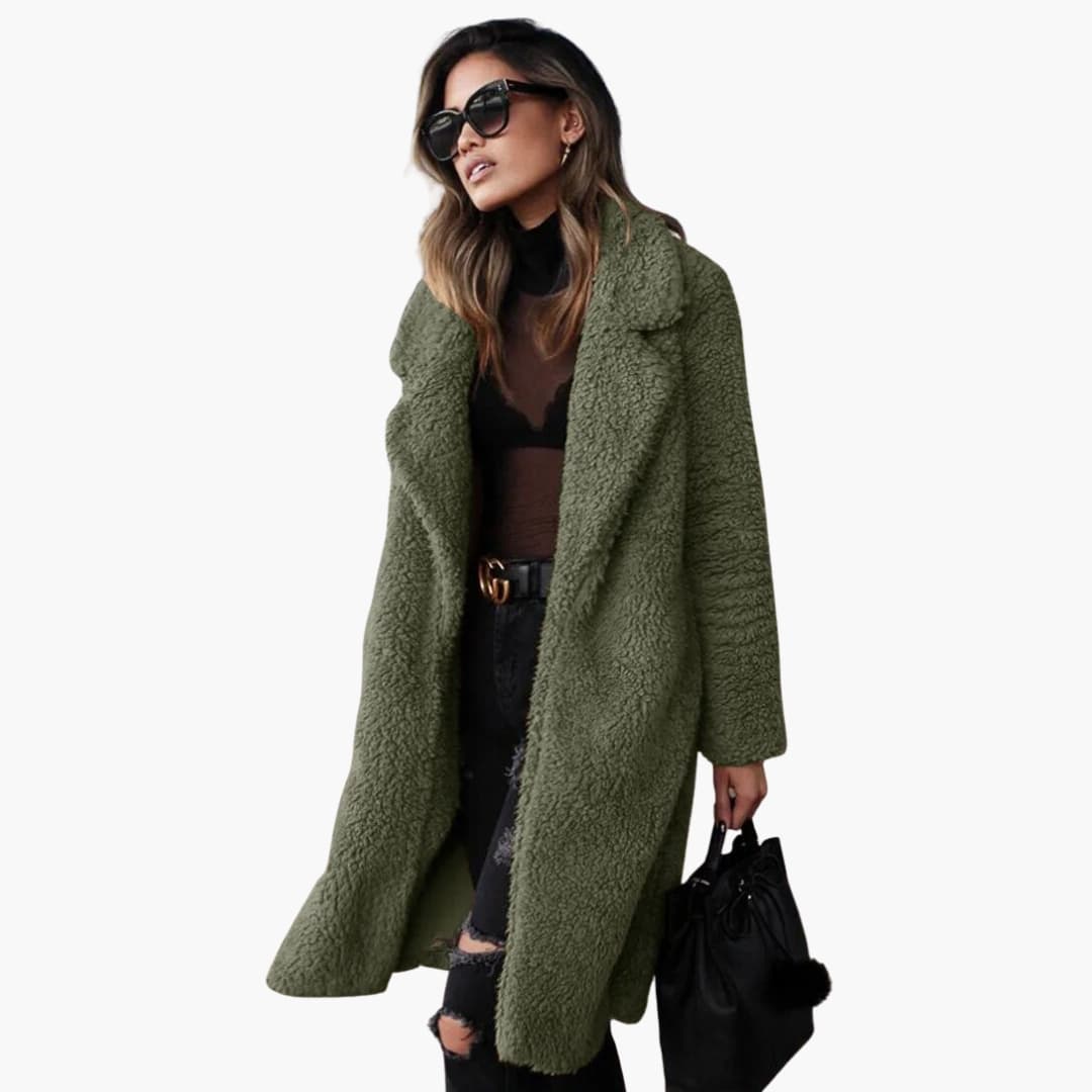 Long teddy coat with wide notched collar for women | Calorelle -3