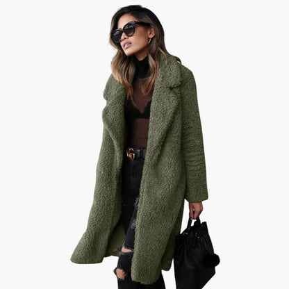 Long teddy coat with wide notched collar for women | Calorelle -3