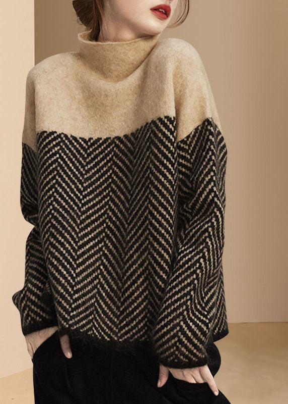 Khaki patchwork turtleneck knit pullover for women | Elowen -1