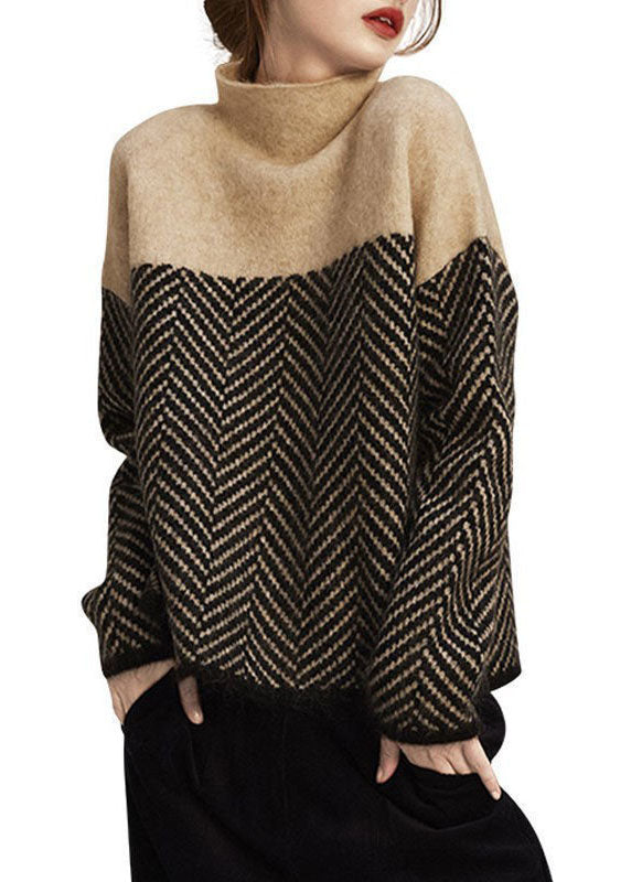 Khaki patchwork turtleneck knit pullover for women | Elowen -2