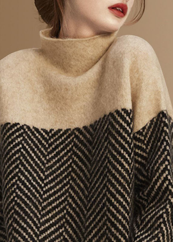 Khaki patchwork turtleneck knit pullover for women | Elowen -3