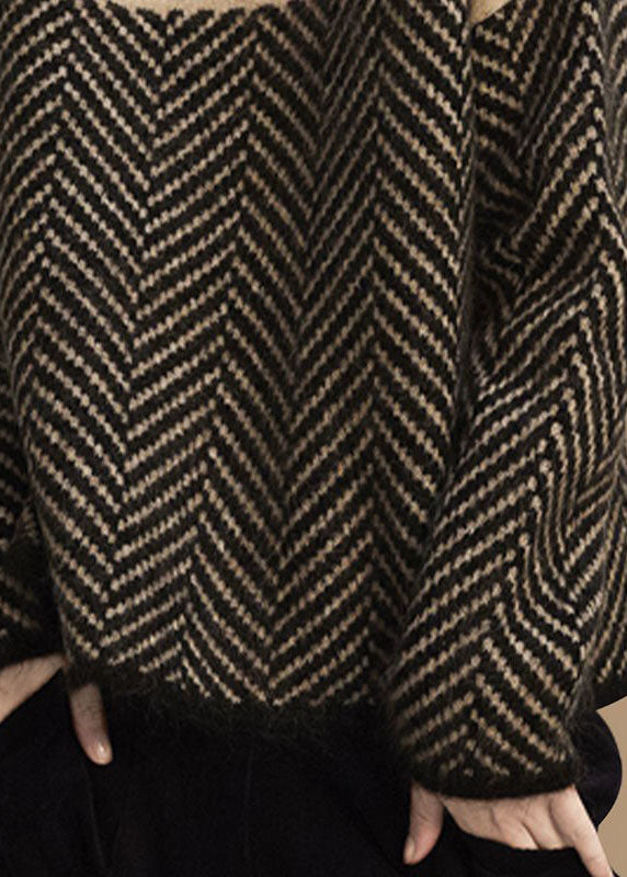 Khaki patchwork turtleneck knit pullover for women | Elowen -4
