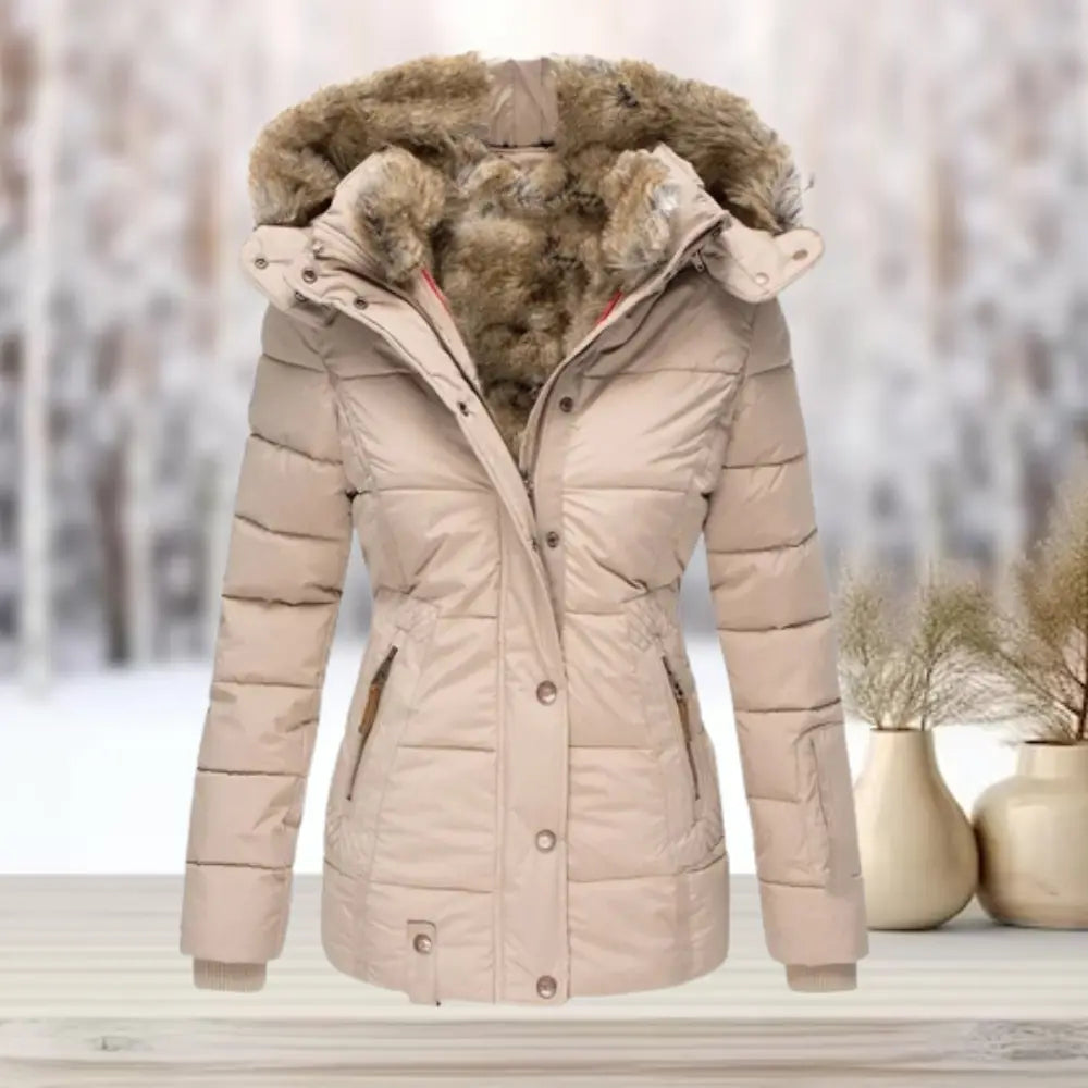 Fitted winter puffer jacket with detachable hood for women | Elara -1