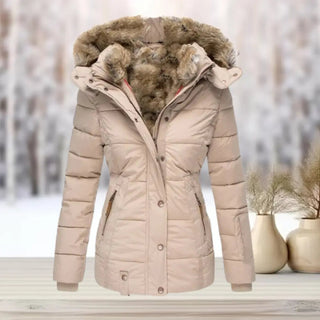 Fitted winter puffer jacket with detachable hood for women | Elara -1