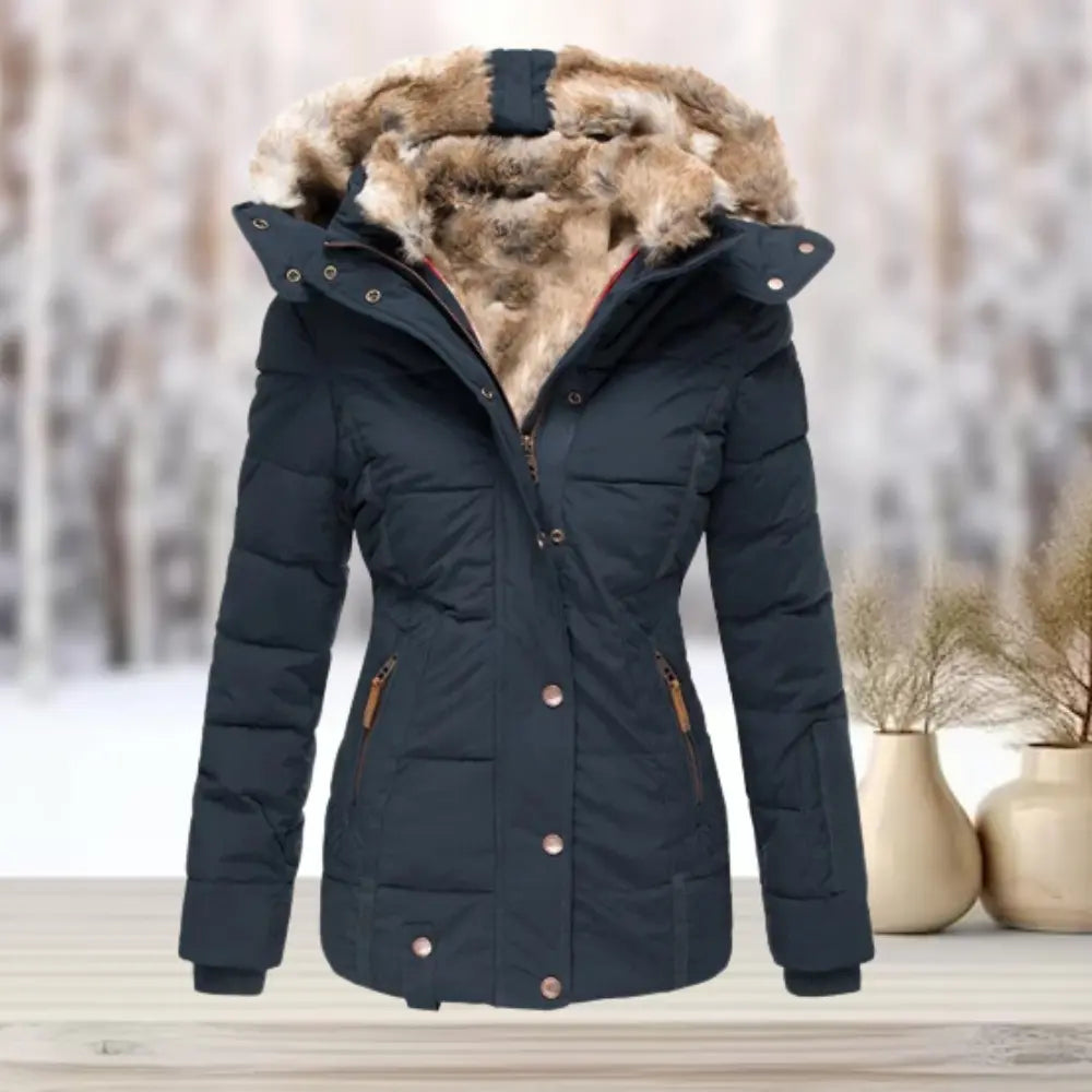Fitted winter puffer jacket with detachable hood for women | Elara -2