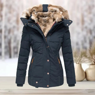 Fitted winter puffer jacket with detachable hood for women | Elara -2