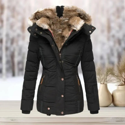 Fitted winter puffer jacket with detachable hood for women | Elara -3