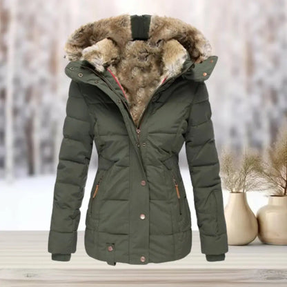 Fitted winter puffer jacket with detachable hood for women | Elara -4