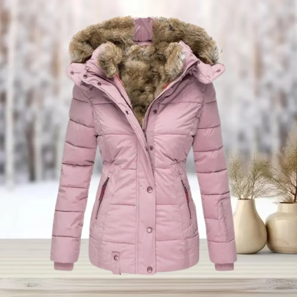 Fitted winter puffer jacket with detachable hood for women | Elara -5