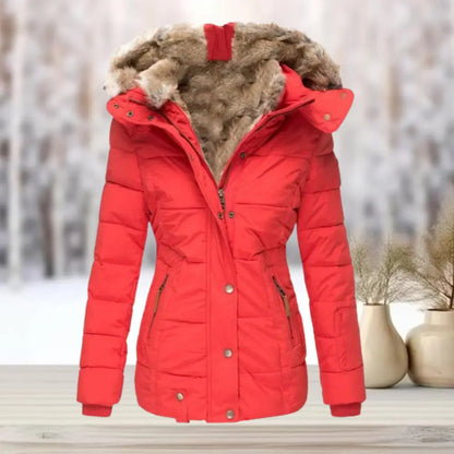 Fitted winter puffer jacket with detachable hood for women | Elara -6
