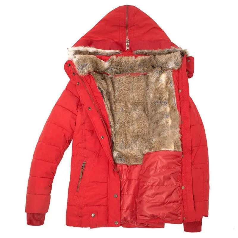 Fitted winter puffer jacket with detachable hood for women | Elara -7