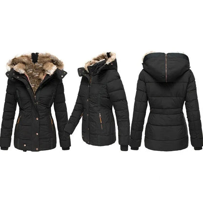 Fitted winter puffer jacket with detachable hood for women | Elara -9